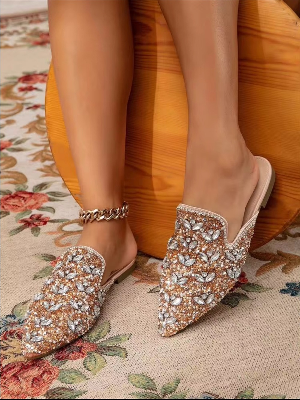 SHEIN Gold Crystal Embellished Pointed Mules